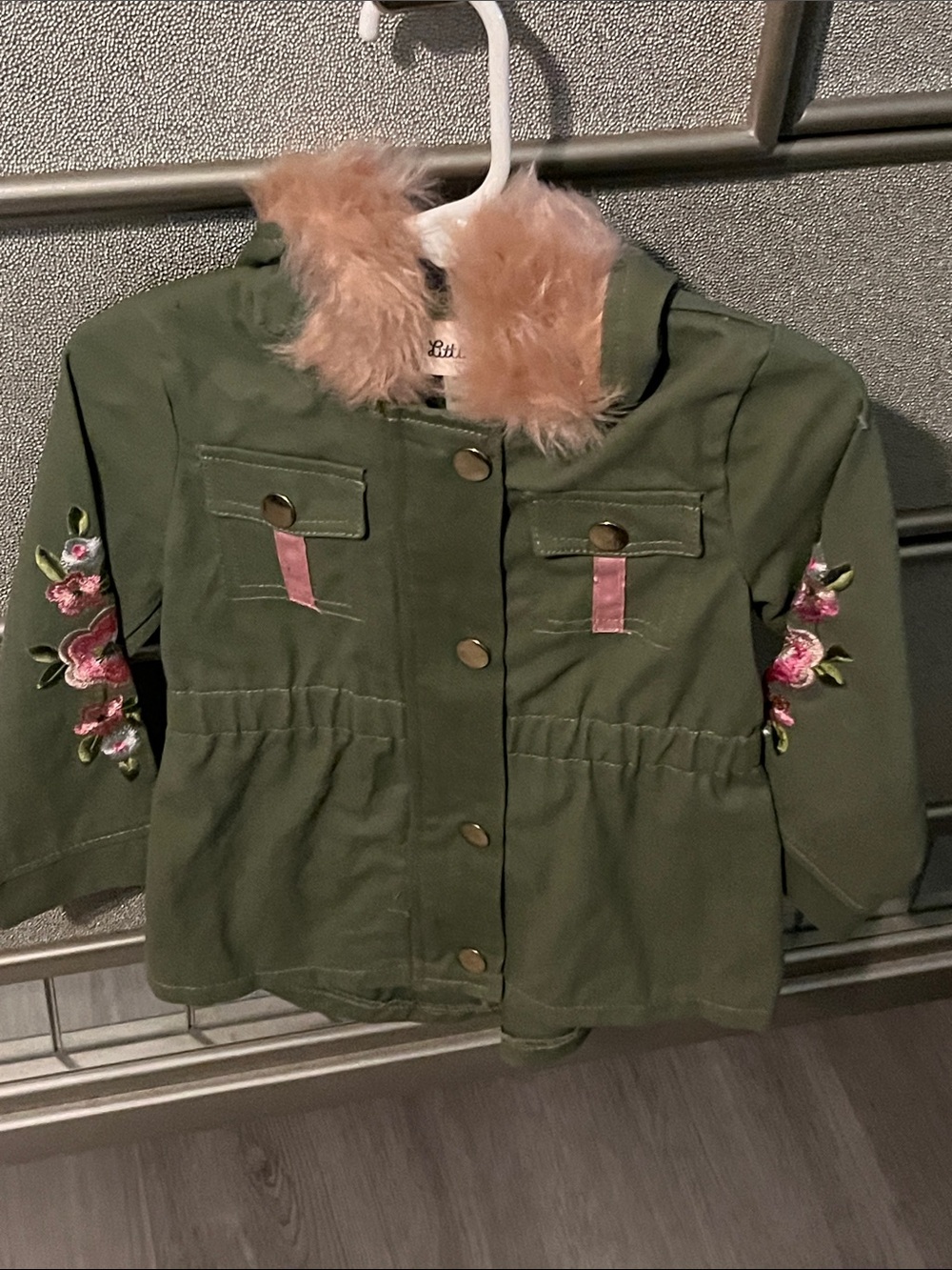 Kids Olive Green Floral-Embroidered Hooded Jacket with Faux Fur Trim